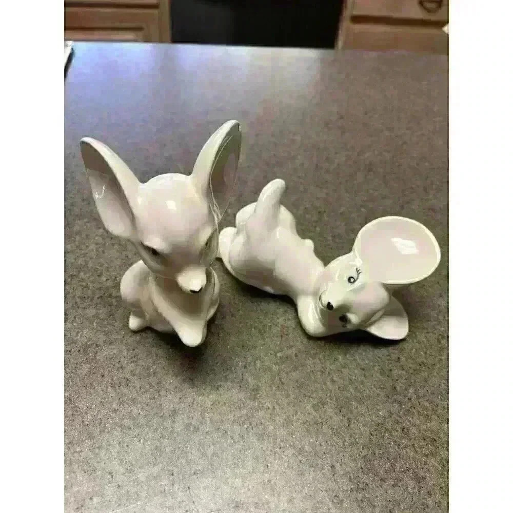 Vintage‎ Set of 2 White Big Ear Mice Porcelain Figurines